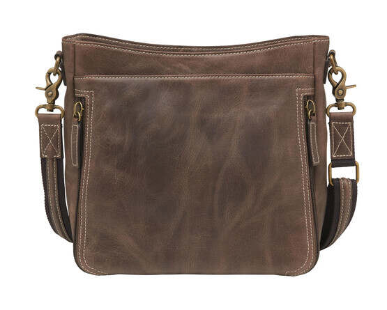 Gun Tote'n Mamas Distressed Leather Slim X-Body Purse in Brown with zip closure compartments